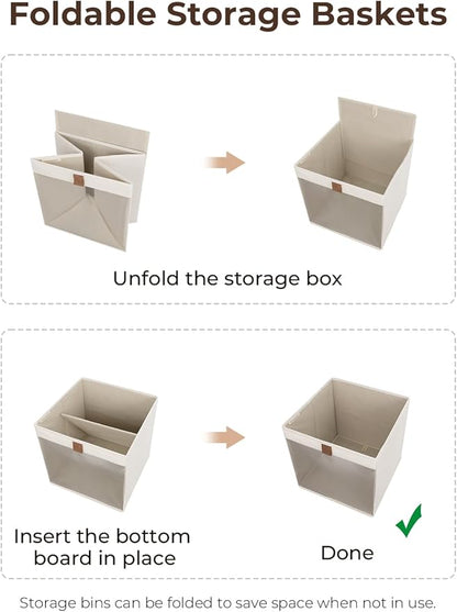 StorageWorks 13x13 Storage Cubes, Closet Storage Bins with Clear Window, Large Fabric Organizer for Clothes, Collapsible Storage Baskets with PU Handles, Beige, 3-Pack