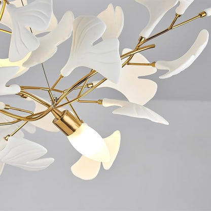 39" Dining Room Modern Leaf Chandelier, Gold Branch Chandeliers with Ceramic Ginkgo Leaves, 5-Light Hanging Brass Pendant Light Fixture for Living Room, Dining Room, Foyer High Ceiling