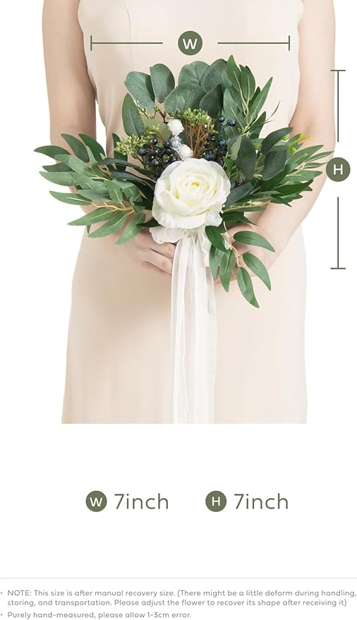 Ling's Moment Artificial Flowers White Bridesmaid Bouquet, White and Sage Wedding Flowers Bouquets for Bridesmaids, 7 Inch Bridal Bouquets for Bridesmaids, Wedding, Ceremony, Anniversary, etc
