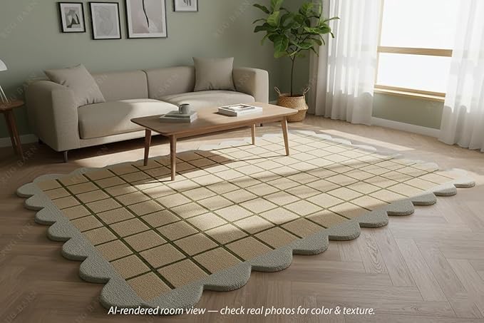 Scalloped Border Wool Area Rug with Windowpane Grid, Hand-Tufted, Beige-Blush with Sage Lines & Light Purple Edge - Soft High-Low Pile for Living Room, Bedroom, Nursery - 9x9 Ft (Round)