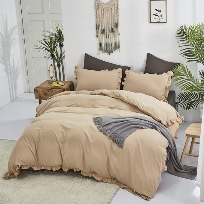 CLOTHKNOW Taupe Ruffles Twin/Twin XL Comforter Set 3Pcs Farmhouse Bedding Comforter Sets Soft Shabby Chic Comforter with 2 x Pillow Cases