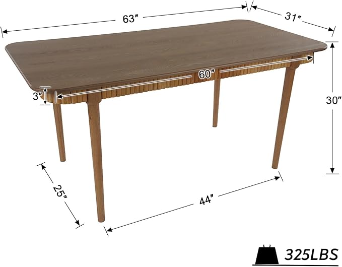LukeAlon Mid-Century 63 Inch Solid Wood Dining Table for 4-6, Retro Farmhouse Kitchen Table with Large Tabletop, Modern Table for Dining Room, Living Room, Kitchen, Natural
