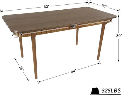 LukeAlon Mid-Century 63 Inch Solid Wood Dining Table for 4-6, Retro Farmhouse Kitchen Table with Large Tabletop, Modern Table for Dining Room, Living Room, Kitchen, Natural