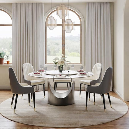 POVISON Round Dining Table with Lazy Susan, 59" Matte White Sintered Stone Top Dining Table with Gray Carbon Steel Pedestal, Modern Dining Room Table for Kitchen, Living Room (Table Only)