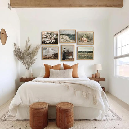 KBKBART Framed Canvas Print Wall Art, Vintage Wall art Wildflower Field Vintage Print, Neutral Country Meadow Landscape Nature Painting Rustic Farmhouse Decor, Retro Botanical Bathroom Wall Decor for