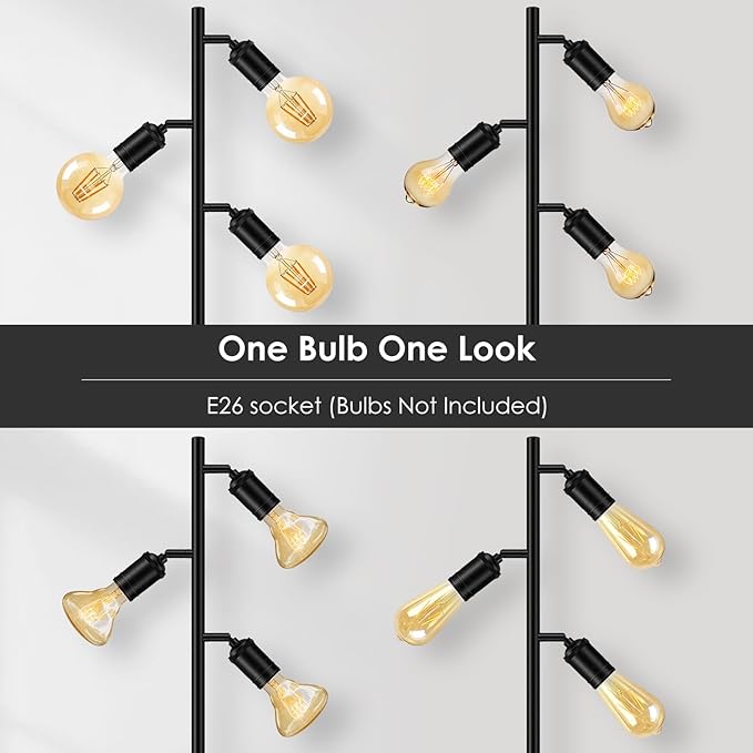 BoostArea Floor Lamp, Industrial Floor Lamp, Modern Tree Standing Lamp with Adjustable 3 Light, E26 Socket, Foot Switch, Minimalist Metal Stand Up Lamp Pole Lamps for Living Room, Bedroom (No Bulbs)