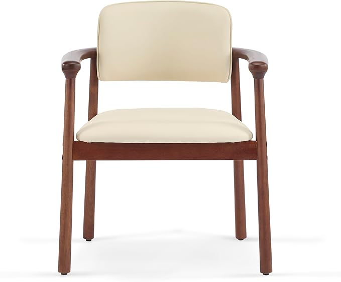 Christopher Knight Home Emeny Modern Faux Leather Upholstered Dining Chairs Set of 2, PU Kitchen Side Chairs with Wooden Frame, Living Room Comfy Reading Chair with Curved Backrest, Beige+Dark Walnut
