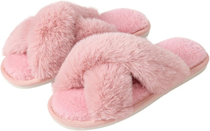 Women's Slipper Memory Foam Cross Band Fuzzy Slippers Open Toe Cozy House Slippers Cozy Plush Bedroom Indoor Outdoor