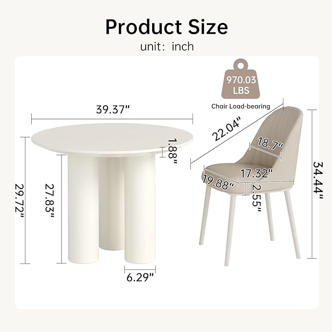 3-Piece Round Dining Room Table Set for 2-4 People,Small Space,Modern Kitchen Table Set with 2 Cushion Chairs Coffee Table Balcony,White