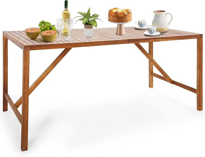 Tangkula Outdoor Rectangle Dining Table, Acacia Wood Table with 2 Inch Umbrella Hole, Spacious Slatted Tabletop for 6 Person, Indoor Outdoor Table for Backyard, Dining Room