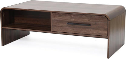 LuxenHome 47” Coffee Table with Storage, Mid-Century Modern Walnut Finish Wood Center Table with 2-Drawer and Open Shelf for Living Room, Accent Cocktail Tables with Safe Rounded Corners