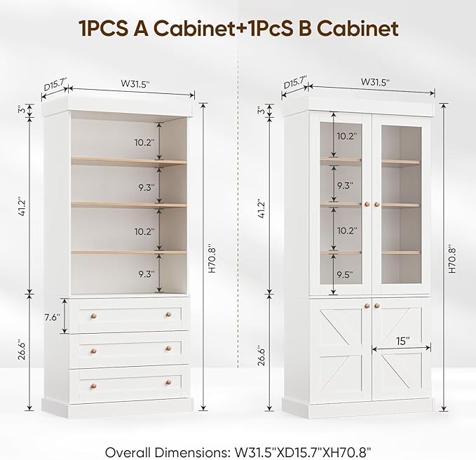 Vyre 71" Tall Modular Farmhouse Bookcase with Glass Doors & Drawers, Set of 3 – Large Storage Cabinet with Adjustable Shelves for Living Room or Kitchen, White