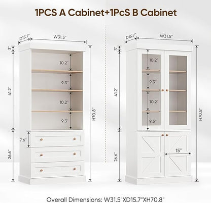 Vyre 71" Tall Modular Farmhouse Bookcase with Glass Doors & Drawers, Set of 3 – Large Storage Cabinet with Adjustable Shelves for Living Room or Kitchen, White