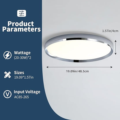 Modern Bathroom LED Ceiling Light, 19inch Chrome Round Flush Mount Ceiling Light, Dimmable 3000K-6000K, 40W, Ultra-Thin Minimalist Office Lighting for Living Room, Bedroom, Kitchen, Hallway