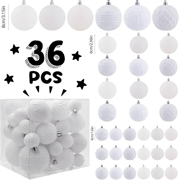 White Christmas Ball Ornaments Christmas Tree Decorations 36pcs Shatterproof Christmas Ornaments Set with 6 Styles in 3 Sizes(Small Medium Large)