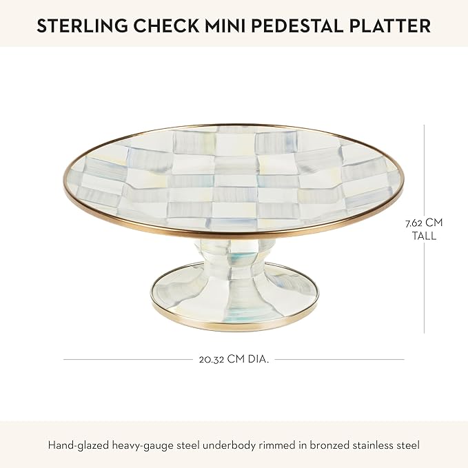 MACKENZIE-CHILDS Enamel Pedestal Platter, Round Cake Stand, Mini, Gray-and-White Sterling Check