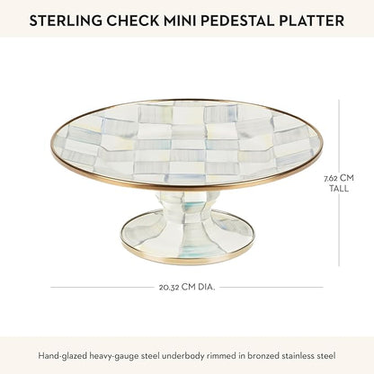 MACKENZIE-CHILDS Enamel Pedestal Platter, Round Cake Stand, Mini, Gray-and-White Sterling Check