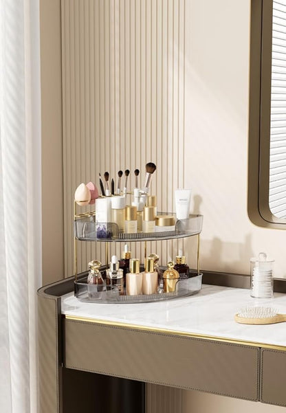 FELIZHOUSE 2-Tier Makeup Organizer for Vanity & Bathroom Countertop – Acrylic Storage Shelf with Perfume Makeup Brush Holder, Tool-Free Installation, Design for Bathroom & Dresser - Grey