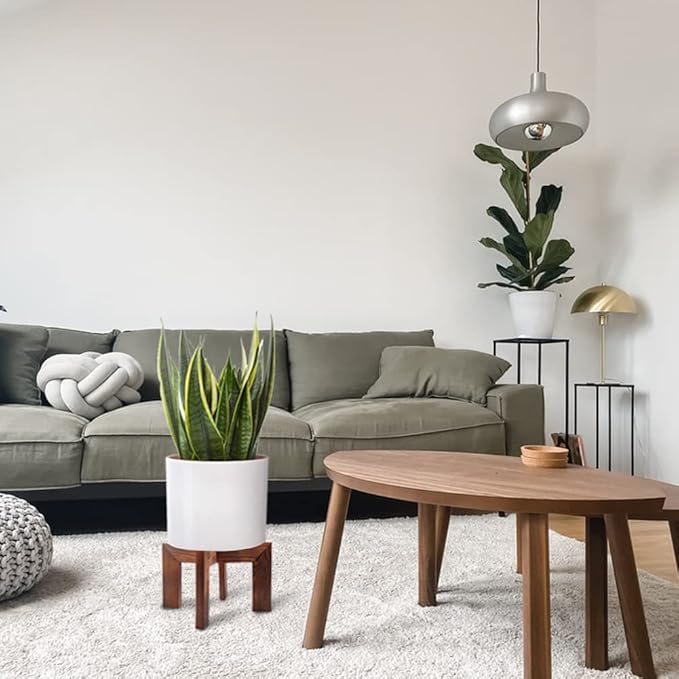 2 Pack Wood Plant Stand, Mid Century Modern Planter Stand Rattan Flower Pot Stand, Low Short Plant Stands Indoor - Boho Rustic Wooden Stool for Plant Pot Holder, Fit 5-15 Inch Pot