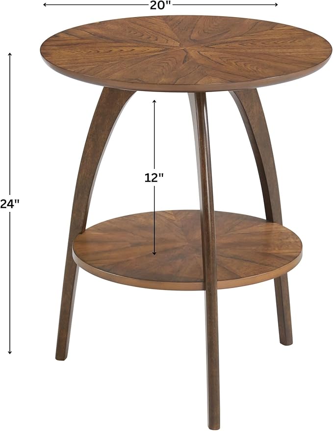 Martin Svensson Home LAX Retro Mid-Century Modern Round Wood End Table, Solid Grain Side Table with Lower Shelf, Small Accent Table for Living Room or Nightstand. Caramel Brown Top & Walnut Legs