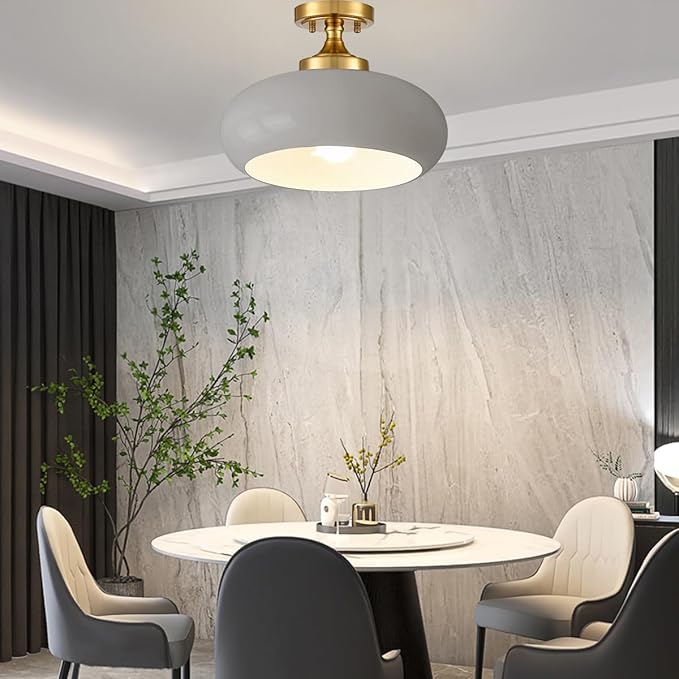 Mid Century Modern Semi Flush Mount Ceiling Light, Gold Kitchen Ceiling Light Fixture with Glass Shade, Grey Close to Ceiling Lamp Mini for Entryway Hallway Bathroom