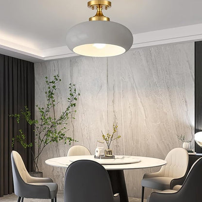 Mid Century Modern Semi Flush Mount Ceiling Light, Gold Kitchen Ceiling Light Fixture with Glass Shade, Grey Close to Ceiling Lamp Mini for Entryway Hallway Bathroom