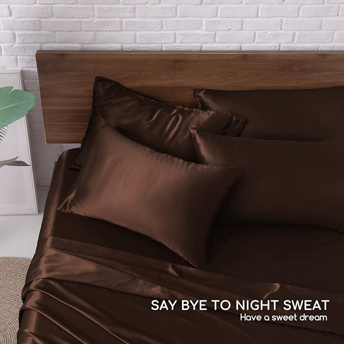 MR&HM Satin Bed Sheets, Queen Size Sheets Set, 6 Pcs Silky Bedding Set with 15 Inches Deep Pocket for Mattress (Queen, Brown)