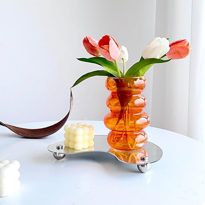 BLOFLO Transparent Glass Hydroponic Flower Vase, 7-Inch Orange Glass Vase, Four-Layer Geometric Glass Floral Vase for Home Décor, Modern Bubble Glass Vase for Home Office Wedding Table (Orange)