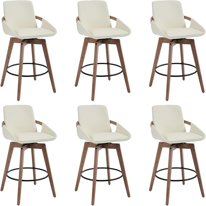 Mid-Century Swivel Bar Stools Set of 6, 26.5 inch Counter Height Barstools PU Leather Bar Chairs with Wooden Frame for Kitchen Island Dining Room, Beige