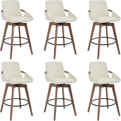 Mid-Century Swivel Bar Stools Set of 6, 26.5 inch Counter Height Barstools PU Leather Bar Chairs with Wooden Frame for Kitchen Island Dining Room, Beige