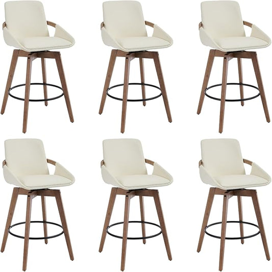 Mid-Century Swivel Bar Stools Set of 6, 26.5 inch Counter Height Barstools PU Leather Bar Chairs with Wooden Frame for Kitchen Island Dining Room, Beige