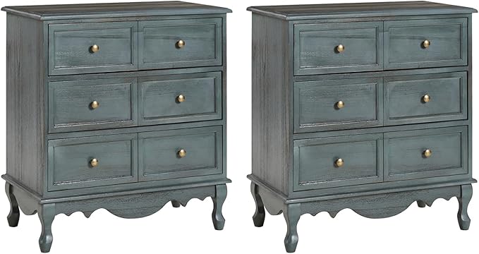 HULALA HOME 3 Drawer Nightstand with Charging Station Farmhouse Solid Wood Set of 2, Blue
