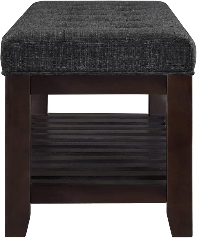 24KF Large Rectangular Upholstered Tufted Linen Ottoman Bench, Padded Bench with Solid Wood Shelf-Dark Gray