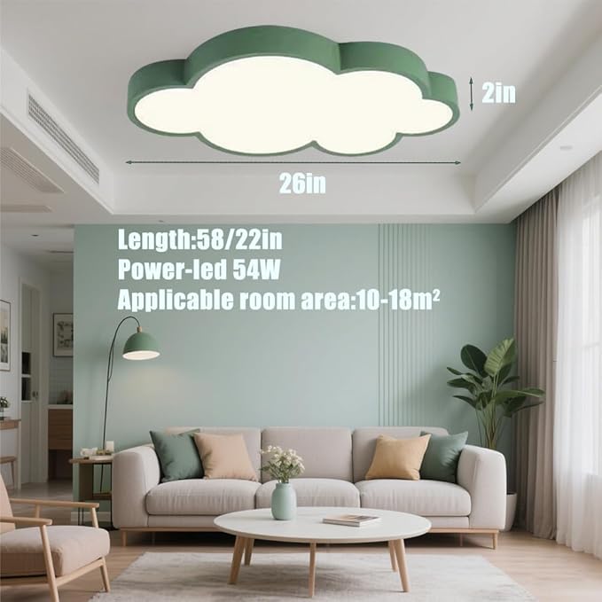 Cloud Shape LED Ceiling Light, 54W, 26 inch,Green Frame Kids Room, 3-Color Dimmable with Remote, for 10-18m² Room/Children's Room Ceiling lamp