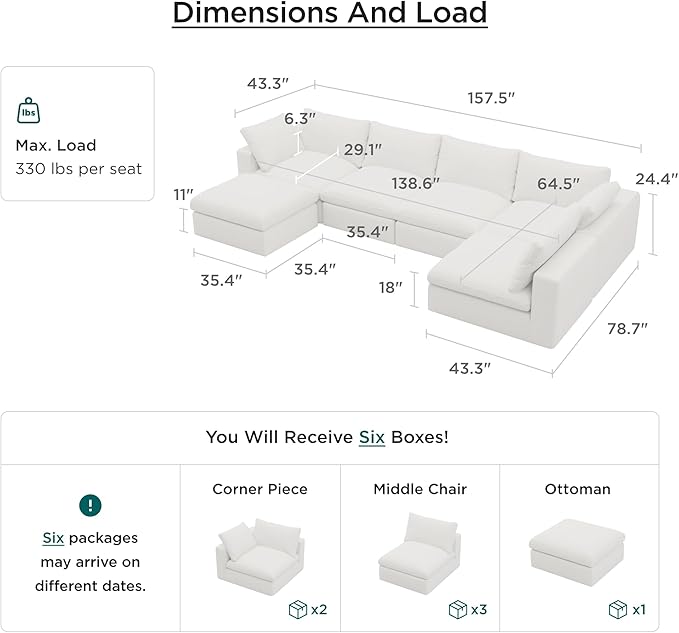 Acanva Modular U-Shaped Sectional Cloud Couch, Free Combination Minimalist Sofa, Convertible to DayBed with Shredded Latex Filled Cushion and Removable Slipcovers for Living Room, 5 Seater + Ottoman