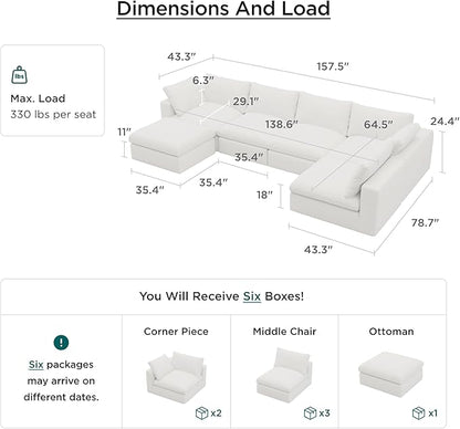 Acanva Modular U-Shaped Sectional Cloud Couch, Free Combination Minimalist Sofa, Convertible to DayBed with Shredded Latex Filled Cushion and Removable Slipcovers for Living Room, 5 Seater + Ottoman