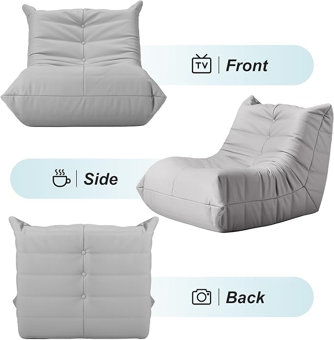 Hobestluk Giant Bean Bag Chair Lazy Floor Sofa, Fireside Sofa for Adults, Big Beanbag Faux Leather Armless Chair for Living Room Bedroom Dorm Office (Light Grey, Single)