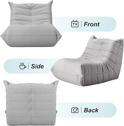 Hobestluk Giant Bean Bag Chair Lazy Floor Sofa, Fireside Sofa for Adults, Big Beanbag Faux Leather Armless Chair for Living Room Bedroom Dorm Office (Light Grey, Single)