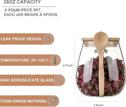 Airtight glass jar storage container with bamboo lid Set of 4, wide mouth, leak-proof, With a spoon, can be used for coffee beans, tea leaves, grains, dried fruits, etc (Middle*4pcs)
