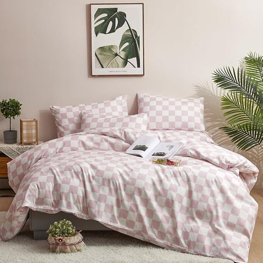 CLOTHKNOW Pink White Plaid Twin/Twin XL Comforter Set Grid Bedding Comforter Sets All Season Soft Checker Comforters with 2 x Pillow Cases