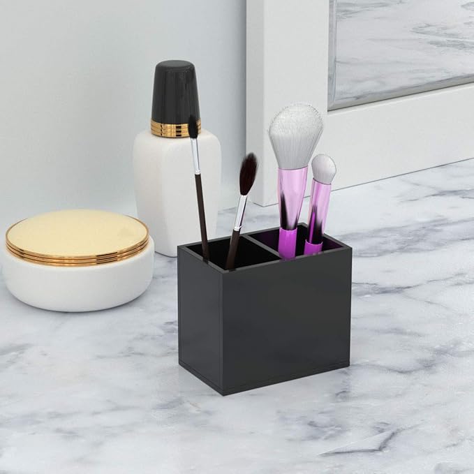 NIUBEE Acrylic Pen Holder 2 Compartments, Black Pencil Organizer Cup for Countertop Desk Accessory Storage