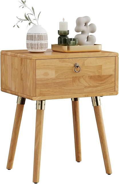 Bme Alden Wood Nightstand, Solid Wood End Table, Mid Century Modern Nightstand, Side Table with 1 Drawer, Compact for Bedroom, Living Room & Study Room, Easy Assembly, Light Natural