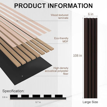 2PCS Wood Slat Acoustic Wall Panels for Ceiling and Wall Decor 3D Fluted Sound Absorbing Textured Panel with Wood Finish 108"×6" (Walnut Brown)