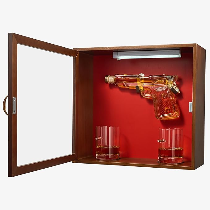 Pistol & Bullet Shot Glasses Hanging Wall Display Case With Light - 7.7 Pistol Gun Decanter & 10oz Glassware - Military Gifts, Veteran Gifts, Law Enforcement Gifts Home Bar Gifts, Drinking Accessories