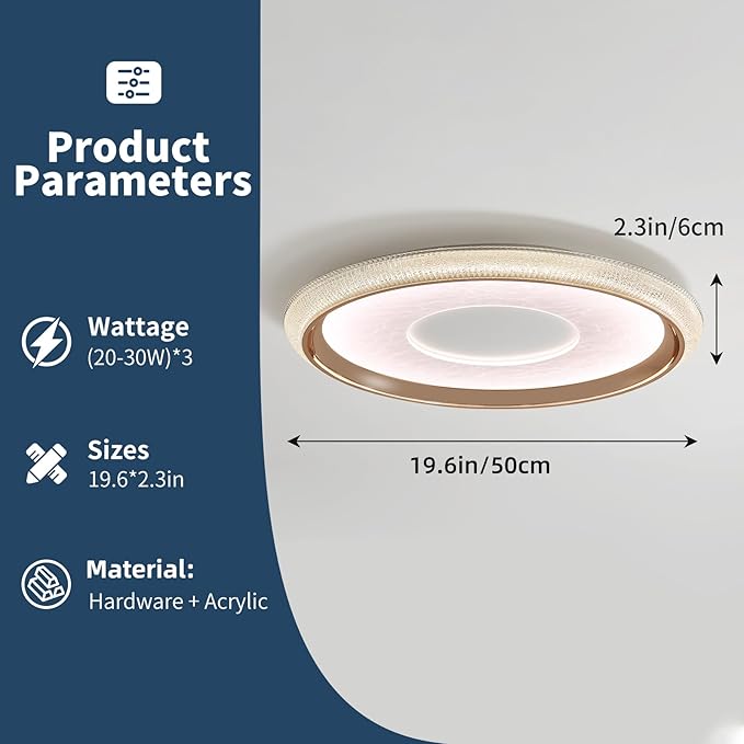 LED Flush Mount Ceiling Light, 19inch Round Dimmable Ceiling Lamp, Multiple Modes, 3000K-6000K, 60W, Modern Living Room Lighting Fixture for Entryway, Dining Room, Bedroom, Bathroom, Study