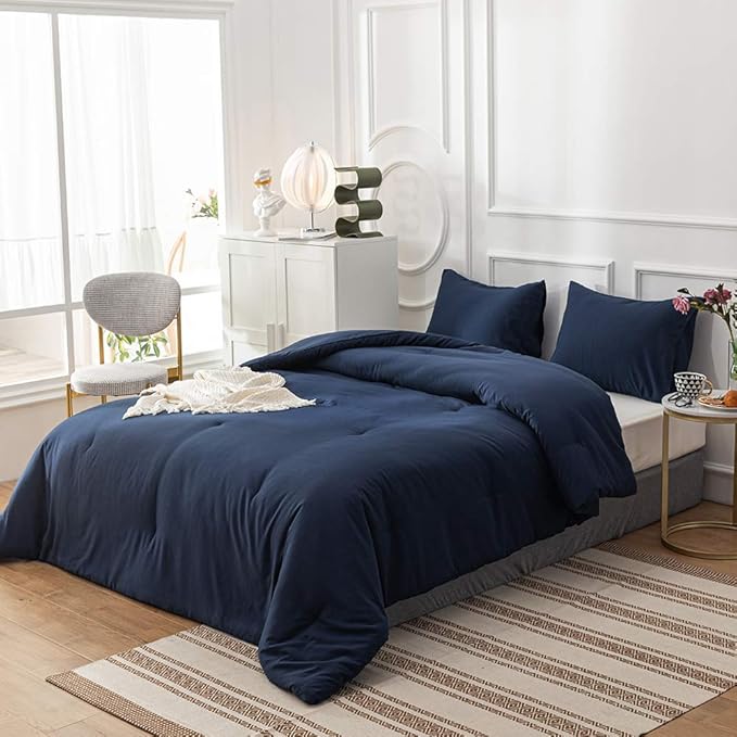 Pureant Navy Blue Comforter Set - Full Size Breathable Soft Comforter with 2 Pillowcases