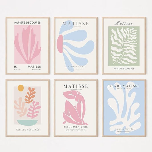 Henri Matisse Wall Art Prints Pink Blue Canvas Wall Decor Aesthetic Abstract Pictures Wall Art Danish Pastel Painting Henri Matisse Poster Trendy Plant Artwork for Bedroom 12x16 Inch Unframed Set of 6
