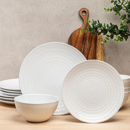 BZYOO Ceramic Dinnerware Set Serive for 4 (12 Pieces), Stoneware Plates and Bowls for Dining Pearl White Dishes Set With DOTDOT Design, Microwave Safe (12 PCS Dishes and Bow set, Bijou Collection)