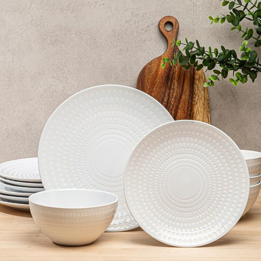 BZYOO Ceramic Dinnerware Set Serive for 4 (12 Pieces), Stoneware Plates and Bowls for Dining Pearl White Dishes Set With DOTDOT Design, Microwave Safe (12 PCS Dishes and Bow set, Bijou Collection)