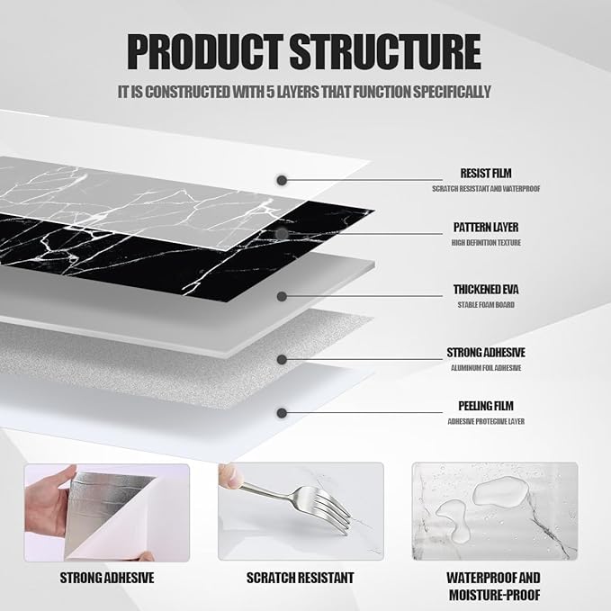 22pcs Marble Peel and Stick Backsplash Waterproof Washroom Wall Panels, Peel and Stick Tile, PVC Foam Wall Panels for Kitchen,Bathroom,living room,Black Wallpaper(Not Real Tile,11.8" x 11.8")